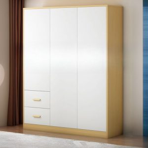 "Beige Children's Wardrobe with Lumber Material, Shelf, Drawer, Clothing Rod, and Door"