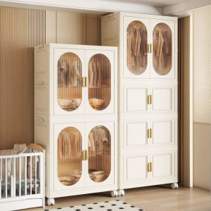"Beige Children's Wardrobe with Synthetic Material, Shelf, Clothing Rod, and Door"