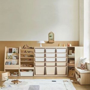 "Chalk Simplistic Standard Children's Bookshelf with 4 Shelves, Vertical Orientation, Closed Back, Synthetic Shelf, and 15 Boxes"