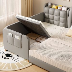 "Gray Lumber Frame Standard Children Bed Synthetic Leather Gender Neutral with Locker, Guardrail and Coir Mattress"