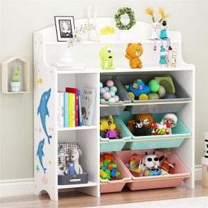 "Multiple Colour/Azure/Carnation Composite Wood Horizontal Animals Standard Kids Bookshelf Closed Back with 6 Shelves/5 Shelves, Hinged Door"