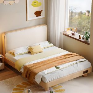 "Art Deco Wood Grain Timber Gender Neutral Standard Children Bed with Pleather Headboard, Coir"