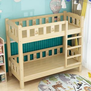 "Simple Wood Grain Wood Gender Neutral Bunk Children's Bed with Ladder, Guardrail"