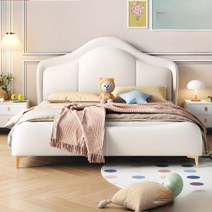 "Modern White Lumber Gender Neutral Standard Kids Bed with Pu Leather Headboard, Coir"