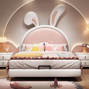 "Peony Standard Kids Bed with Animals Theme, Pleather Upholstery, Coir-Filled Headboard & Underbed Storage for Girl/Woman+"
